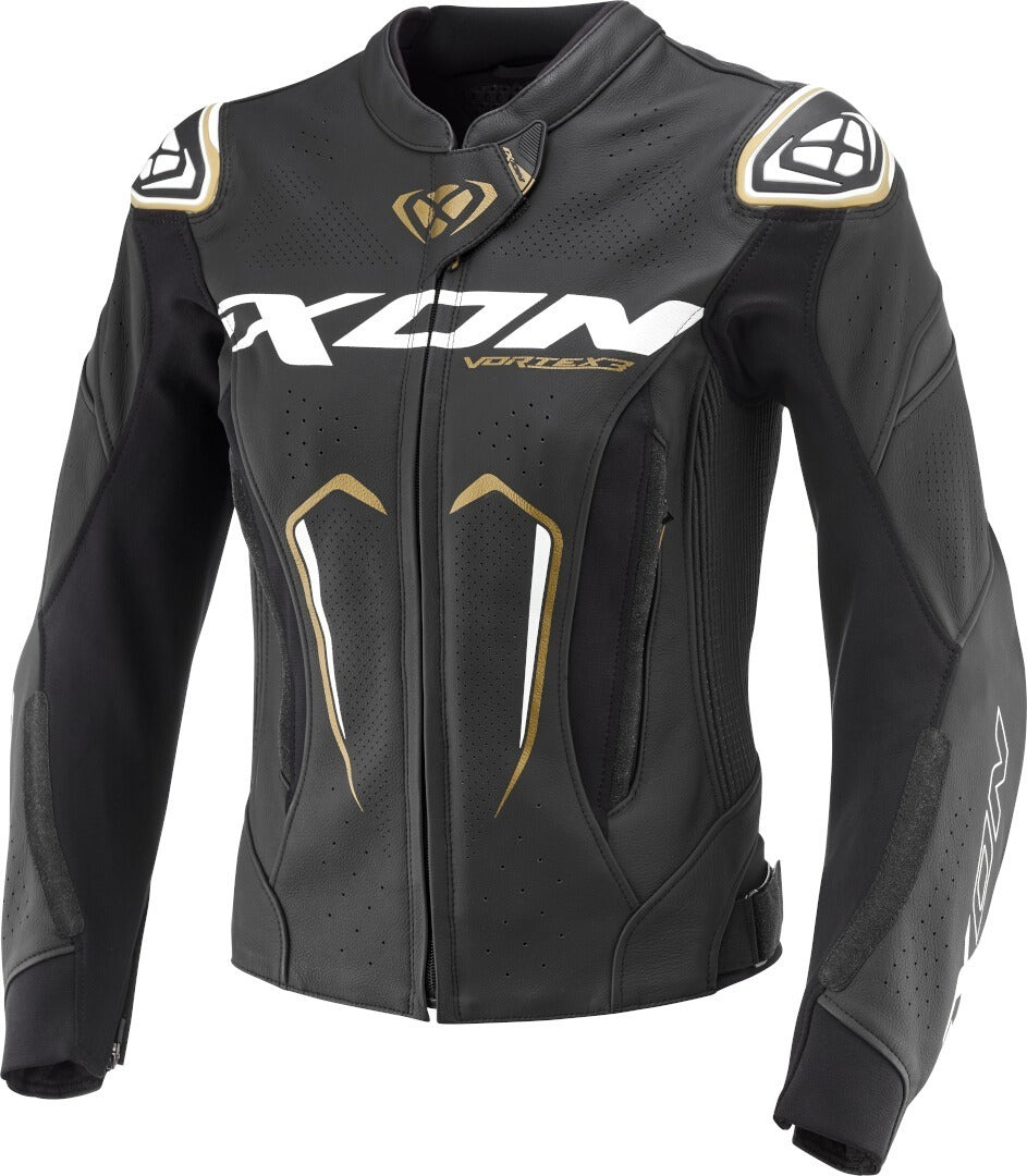 IXON VORTEX 3 Mujer Carreras Cuero Chaqueta Negro Blanco Oro
