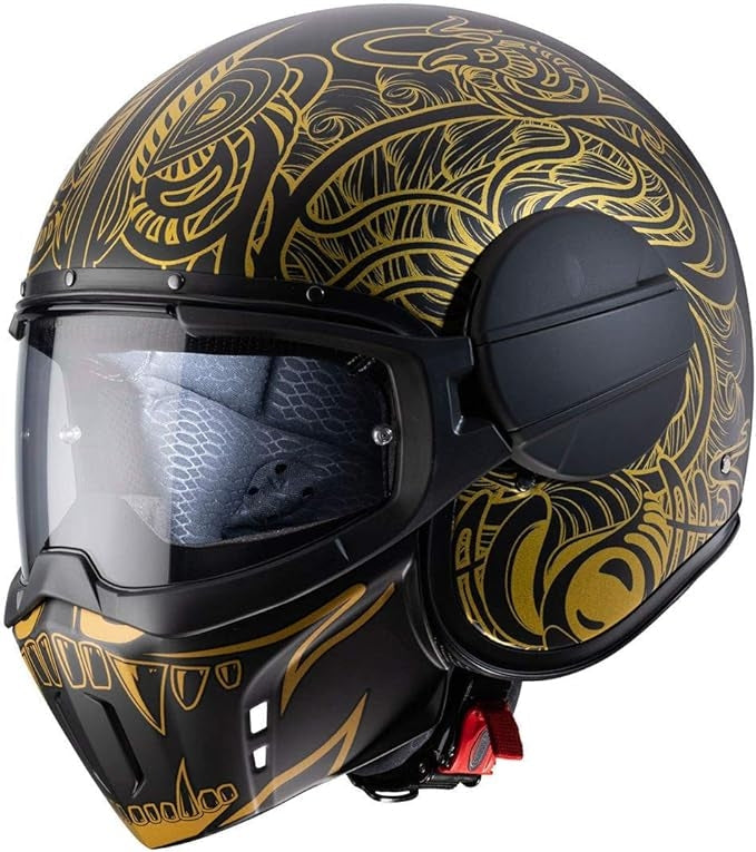 Casco moto scooter Caberg Ghost maori negro mate dorado open face on road