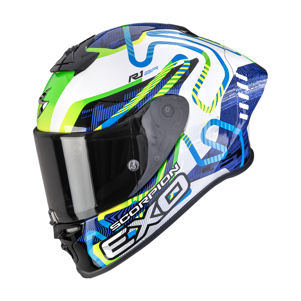 SCORPION EXO-R1 EVO II AIR CORNERING CASCO DE MOTO Blanco-Azul-Verde