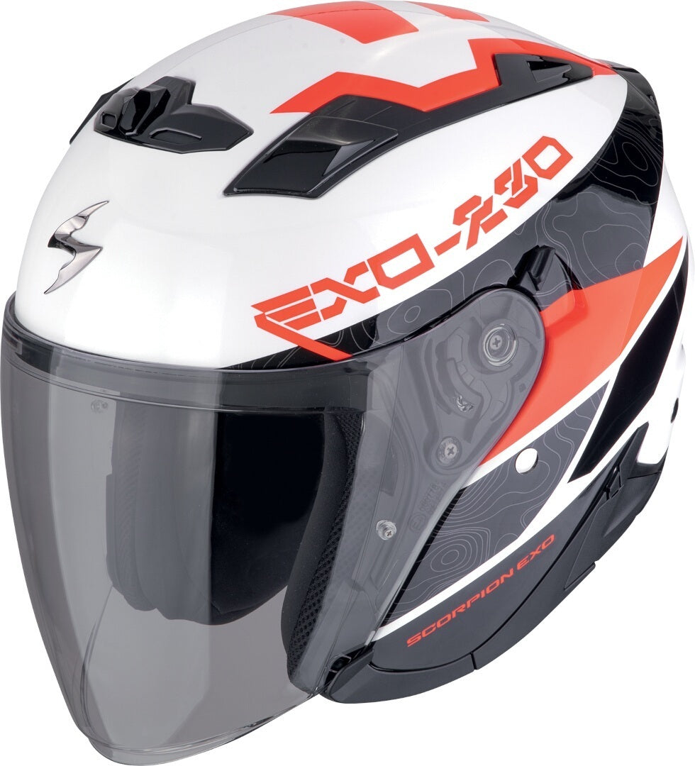 Scorpion EXO-230 BAND Cara Abierta Jet Casco Blanco Negro Rojo